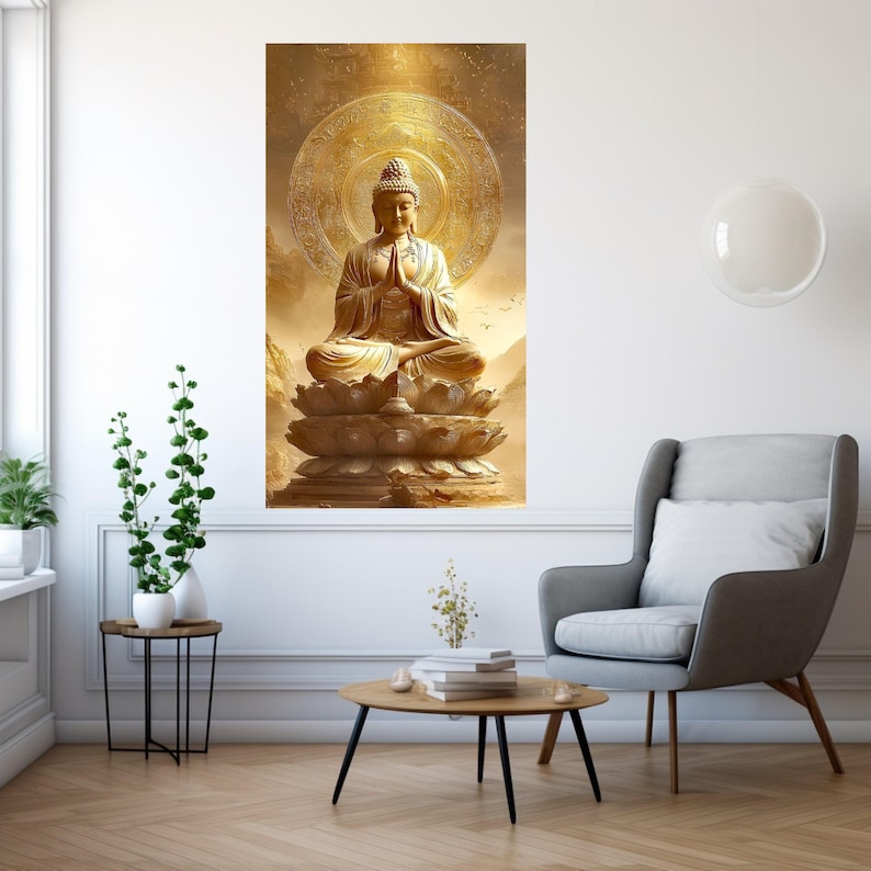 Golden Buddha Statue Canvas, Meditation Wall Art, Spiritual Zen Home Decor, Sacred Lotus Sculpture Canvas, Mindfulness Artwork image 6