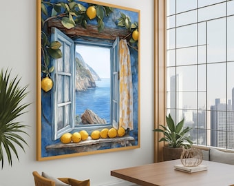 Mediterranean Coastal View Canvas Print – Open Window Ocean Wall Decor – Serene Beach Wall Art – Ready to Hang Wall Decoration