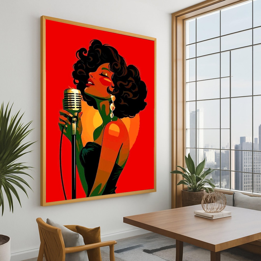 Donabeth Jones 水彩画 Jazz Corner 額装 Vintage Jazz Singer Canvas Wall Art, Retro Microphone Portrait