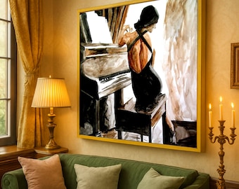 May include: Watercolor painting of a person in a black dress playing a piano. The artwork is framed in a gold-colored frame and hangs on a wall. The painting has a warm color palette with shades of brown, black, and white. The room has a green sofa and a gold lamp.