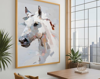 Lienzo abstracto de caballo blanco, retrato equino moderno, arte de pared, elegante lienzo de caballo, decoración contemporánea para el hogar, listo para colgar.