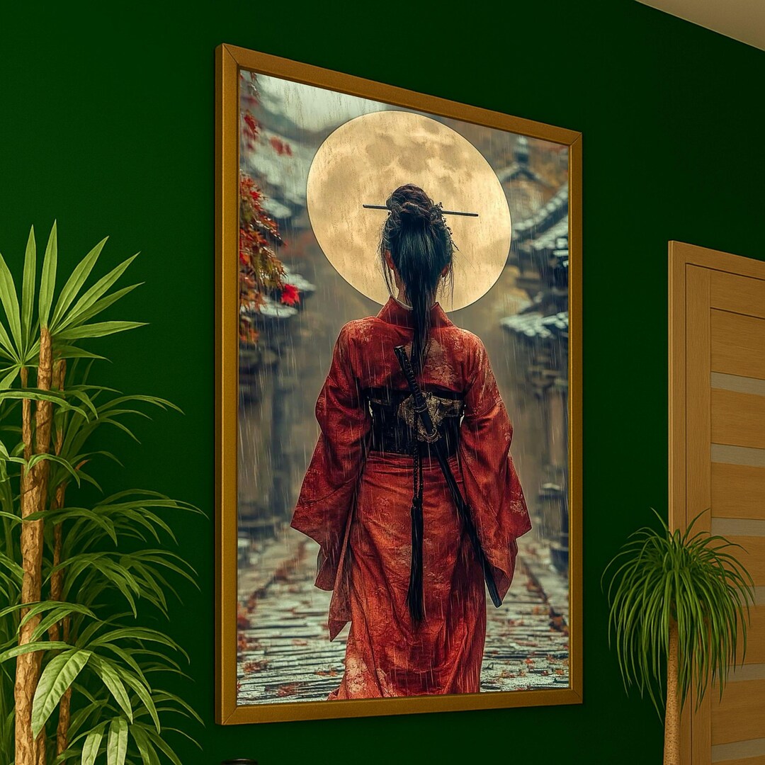 Samurai Woman Under Full Moon Canvas Print, Japanese Wall Decoration ...