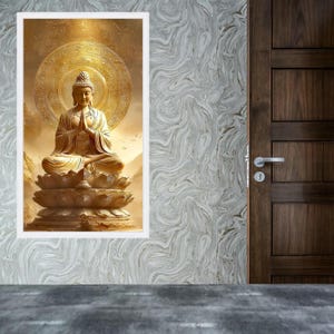 Golden Buddha Statue Canvas, Meditation Wall Art, Spiritual Zen Home Decor, Sacred Lotus Sculpture Canvas, Mindfulness Artwork image 5