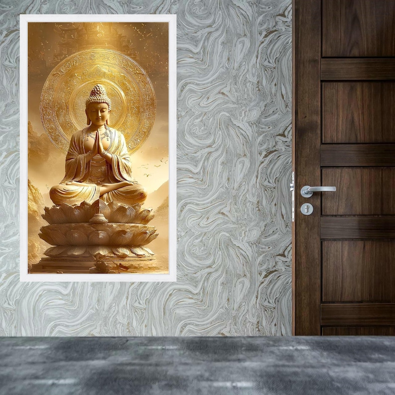 Golden Buddha Statue Canvas, Meditation Wall Art, Spiritual Zen Home Decor, Sacred Lotus Sculpture Canvas, Mindfulness Artwork image 5