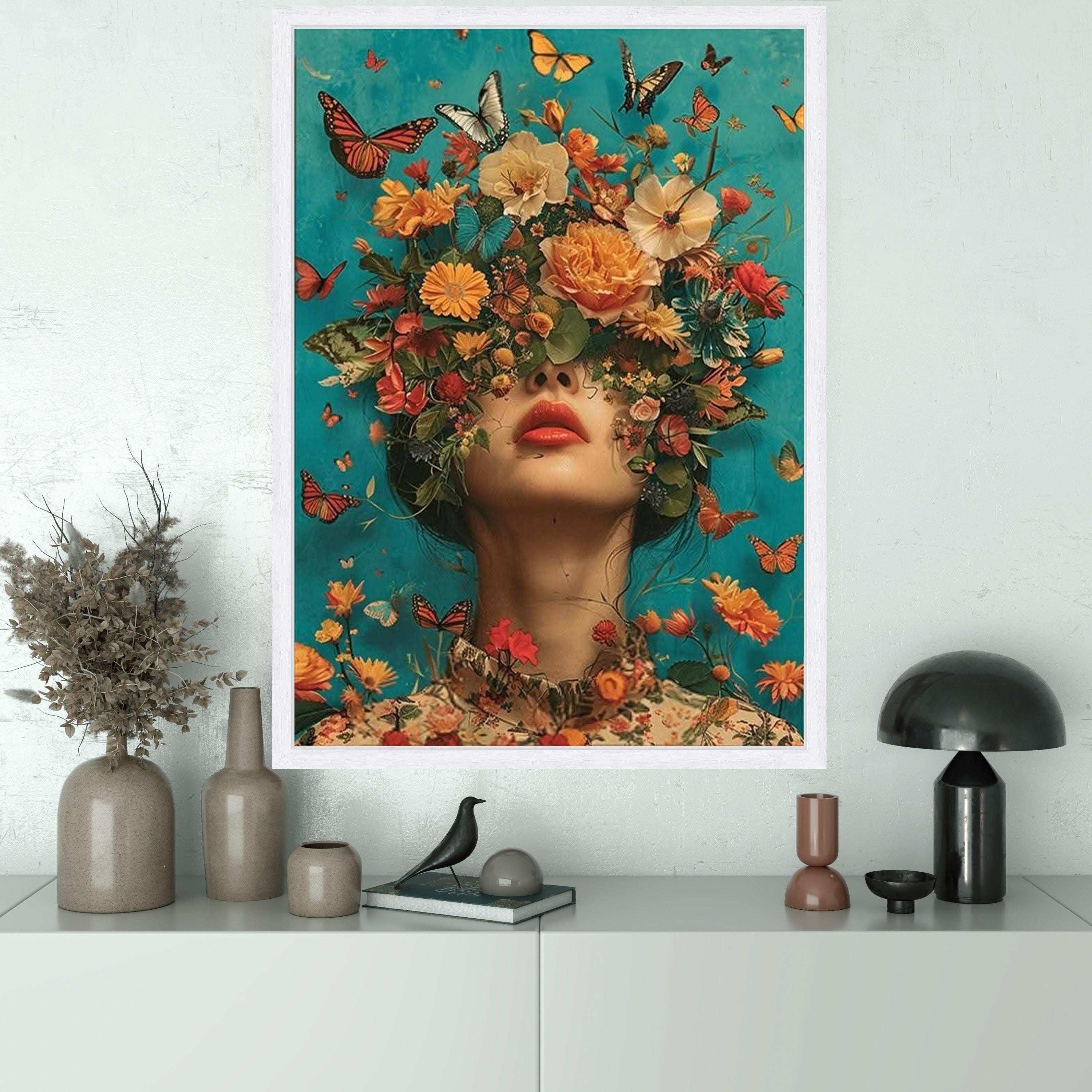 Floral Butterfly Woman Canvas Print – Surreal Wall Art, Feminine Nature ...