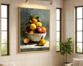 Fruit Bowl Canvas Print – Rustic Kitchen Wall Art, Colorful Still Life Wall Decor, Farmhouse Fruit Wall Decoration, Ready to Hang