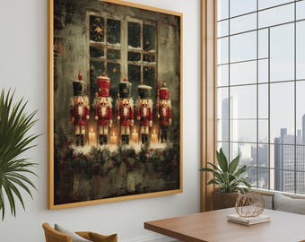 May include: A framed painting featuring six toy nutcracker soldiers in red and black uniforms, standing in front of a window with lit candles and festive greenery. The artwork has a vintage, textured style, with a gold frame.