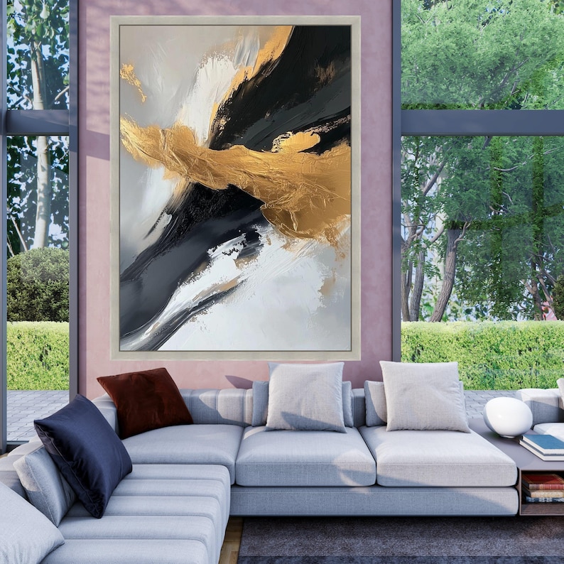 Modern Abstract Canvas Wall Art, Black and White With Gold Accents ...