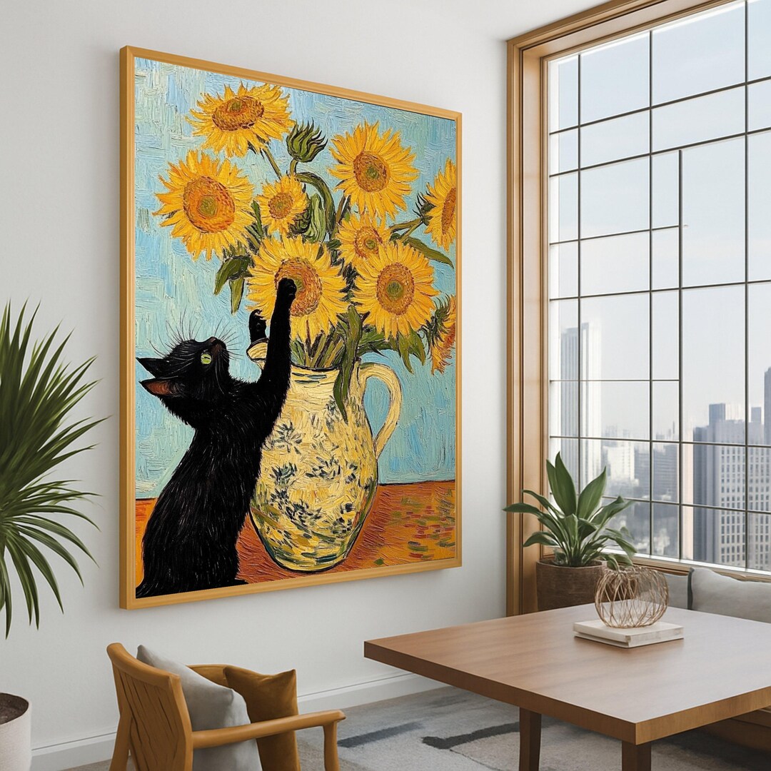 Black Cat With Sunflowers Canvas Print – Floral Cat Wall Decor – Cute ...