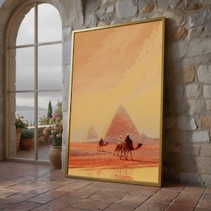 Lienzo de caravana de camellos en el desierto egipcio, arte mural de pirámides vintage, impresión de paisaje orientalista, decoración del hogar inspirada en viajes