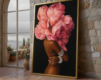 Floral Woman Canvas Print – Modern Feminine Wall Art – Pink Peony Head Portrait – Surreal Botanical Decor – Ready to Hang Artwork