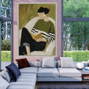 Cozy Reading Decor, Minimal Woman Canvas Print, Soft Home Decor, Relaxing Wall Art, Book Lover Print image 4