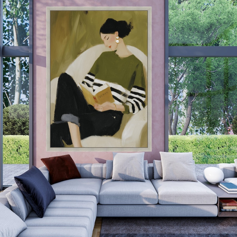 Cozy Reading Decor, Minimal Woman Canvas Print, Soft Home Decor, Relaxing Wall Art, Book Lover Print image 4
