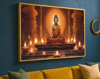 May include: A framed artwork depicting a seated Buddha in meditation, surrounded by lit candles. The Buddha figure is draped in orange robes, set against a warm, glowing backdrop. The artwork is framed in gold and hangs on a dark blue wall.