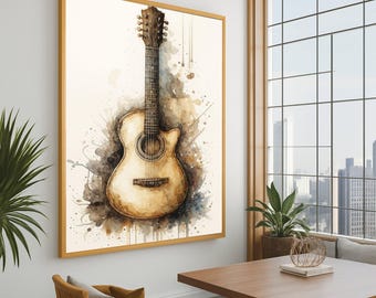 May include: A framed watercolor painting of an acoustic guitar. The guitar is depicted in shades of brown and beige, with a detailed body and neck. Splashes of brown and gray surround the guitar, set against a cream background.