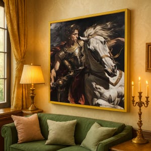 May include: A framed painting depicting a man in armor on a white horse. The artwork has a gold frame and is displayed above a green sofa. The room features a lit lamp and a candle holder, creating a warm ambiance.