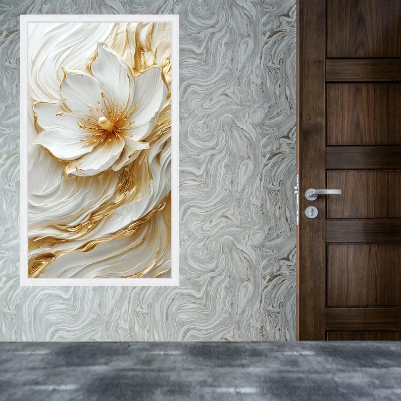 Elegant White and Gold Flower Canvas, Luxurious Floral Wall Art, Modern ...