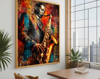 Vibrant Saxophonist Canvas Print, Bold Jazz Music Wall Decoration, Abstract Musician Wall Decor, Colorful Jazz Wall Art Ready to Hang