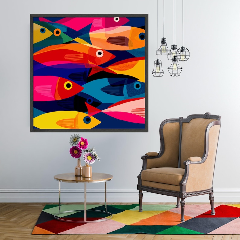 Colorful School of Fish Canvas, Abstract Marine Wall Art, Ocean Life ...