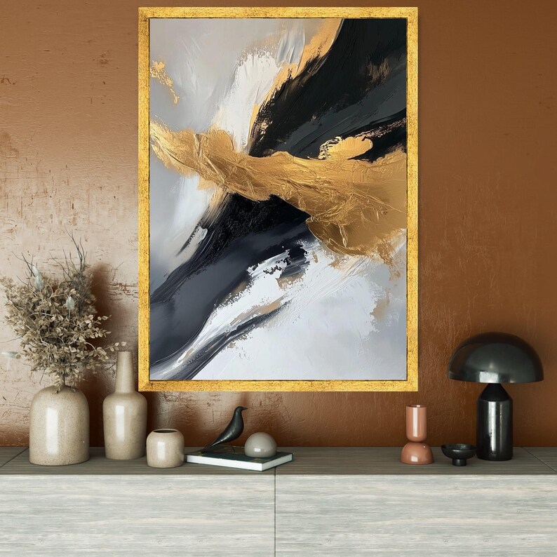 Modern Abstract Canvas Wall Art, Black and White With Gold Accents ...