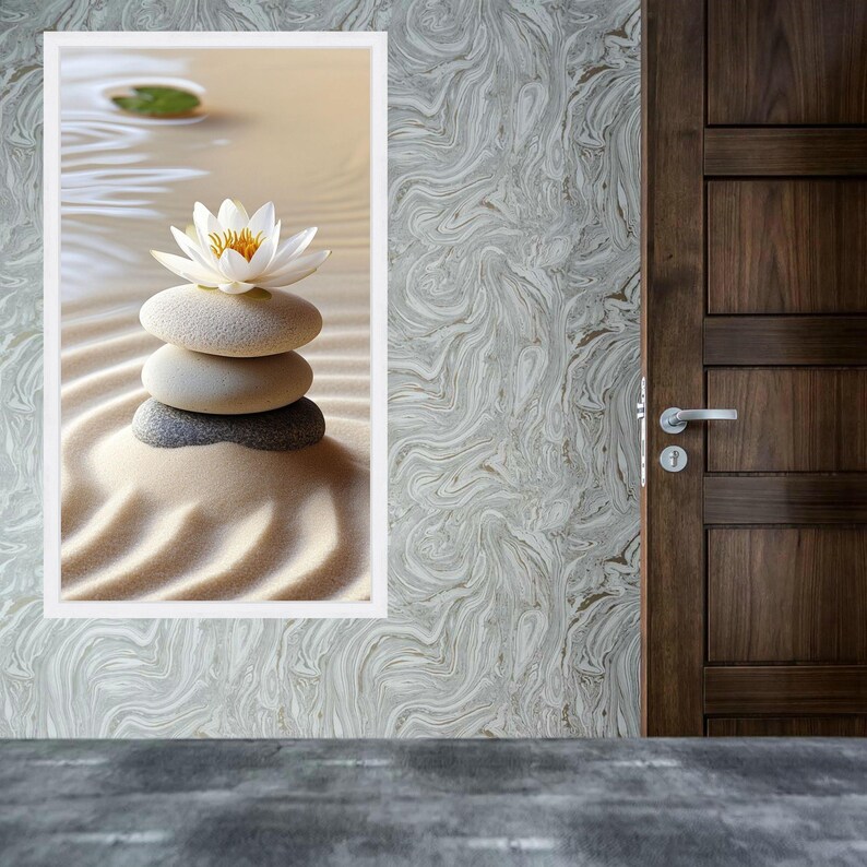 Zen Stone Stack With White Lotus Canvas, Minimalist Spa Wall Art ...