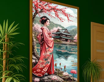 Elegant Geisha in Kimono Canvas Art, Japanese Garden Scene, Cherry Blossom Wall Decor, Traditional Asian Landscape
