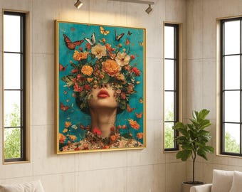 Floral Butterfly Woman Canvas Print – Surreal Wall Art, Feminine Nature Wall Decor, Dreamy Wall Decoration, Ready to Hang