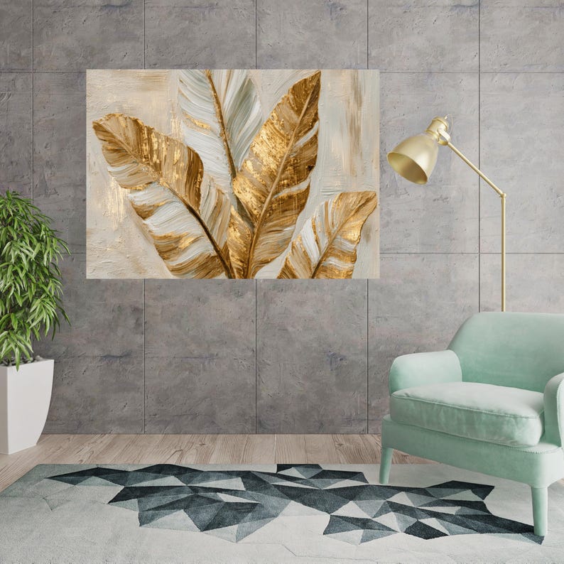 Elegant Gold and White Leaf Canvas Print – Modern Botanical Wall Decor ...