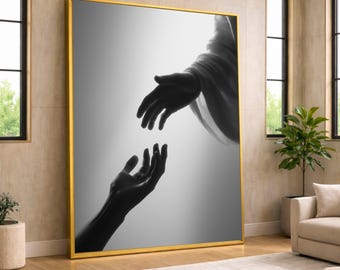 Divine Hand Canvas Wall Art – Black and White Christian Minimalist Print, Jesus Reaching Hand Decor, Spiritual Faith Wall Art