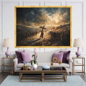 Jesus Carrying Cross Canvas, Biblical Wall Art, Religious Print Decor, Large Christian Canvas, Spiritual Home Decoration image 2