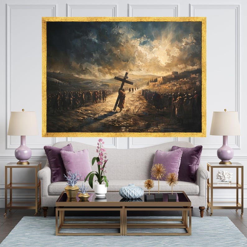 Jesus Carrying Cross Canvas, Biblical Wall Art, Religious Print Decor, Large Christian Canvas, Spiritual Home Decoration image 2