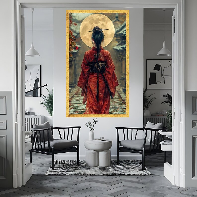 Samurai Woman Under Full Moon Canvas Print, Japanese Wall Decoration ...