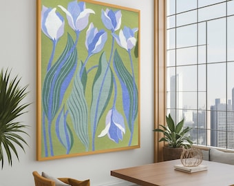 Elegant Blue Tulips Canvas Wall Art, Modern Floral Botanical Print, Nature Inspired Home Decoration, Ready to Hang Artwork