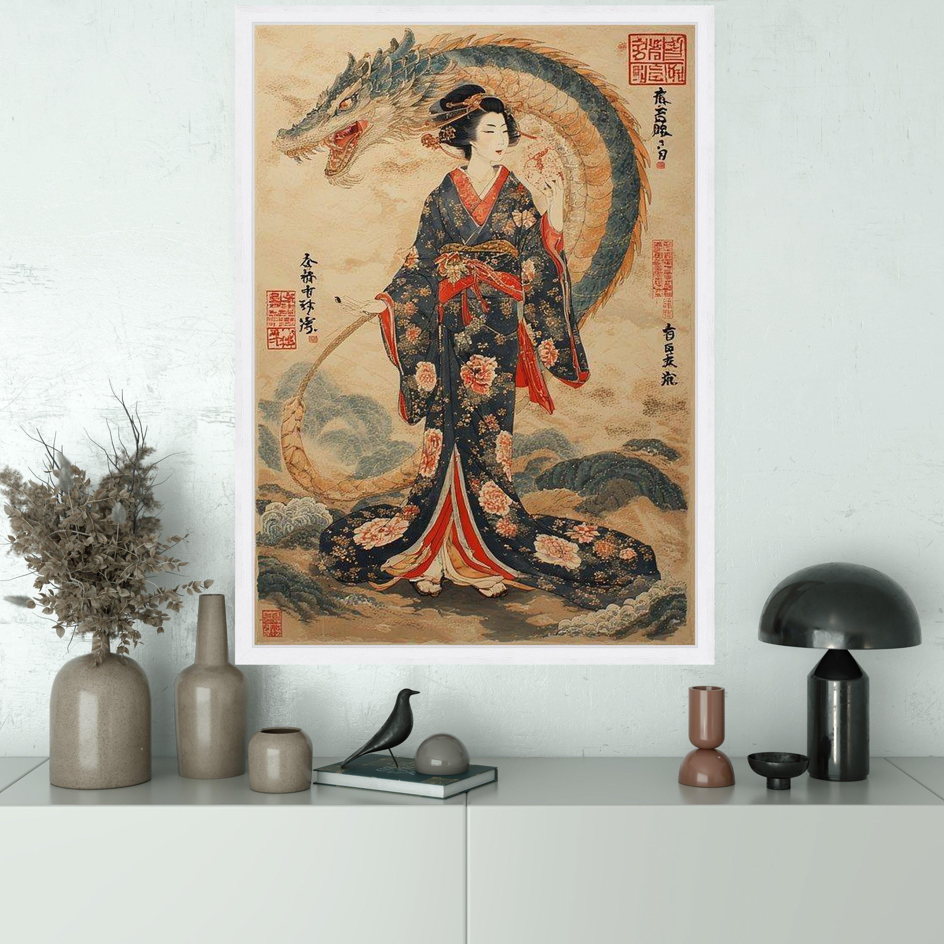 Japanese Geisha and Dragon Canvas Print – Oriental Wall Decor – Elegant ...
