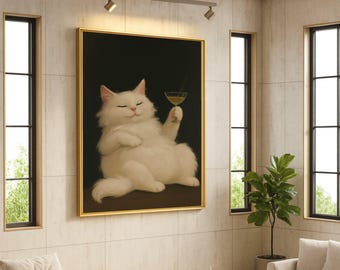 Elegante lienzo de gato blanco con copa de cóctel, arte mural felino caprichoso, retrato humorístico de mascota, decoración acogedora para el hogar, listo para colgar.