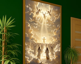 Heavenly Ascension Scene, Angelic Gathering Canvas, Spiritual Religious Wall Art, Divine Light Decor, Christian Faith Canvas Print
