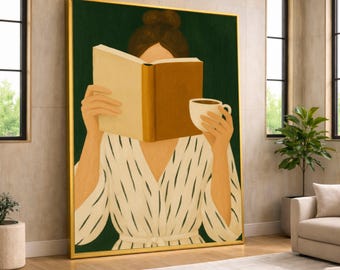Gezellige ochtend lezing canvas, vrouw met boek en koffie, ontspannend huisdecor, minimalistische muurkunst, rustige levensstijl canvas, klaar om op te hangen