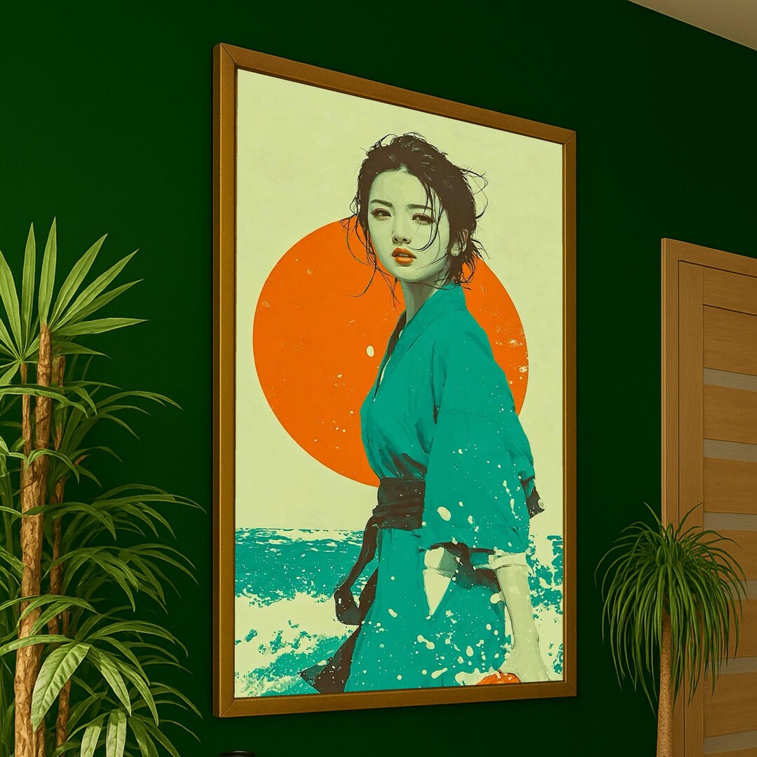 Modern Asian Woman Canvas Wall Art Print, Teal Kimono Red Sun, Japanese ...