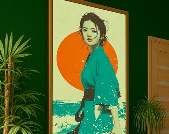 Modern Asian Woman Canvas Wall Art Print, Teal Kimono Red Sun, Japanese Style Portrait, Contemporary Home Decor, Ready to Hang