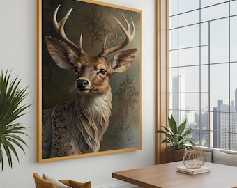 Majestueus hertenportret canvas, rustieke natuur kunst aan de muur, natuur dier decor, bos woonkamer canvas, rustieke huisdecoratie