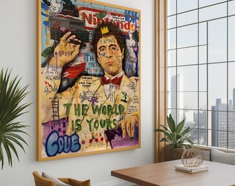 Lienzo "El mundo es tuyo", retrato de grafiti pop art, decoración de pared de arte callejero urbano, lienzo con cita de Dios Padre, decoración moderna para el hogar.