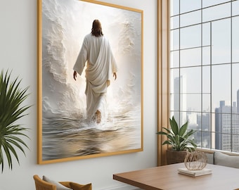 Impresión en lienzo de Jesús caminando sobre el agua: arte religioso cristiano para pared, decoración de pared con versículos bíblicos, listo para colgar.