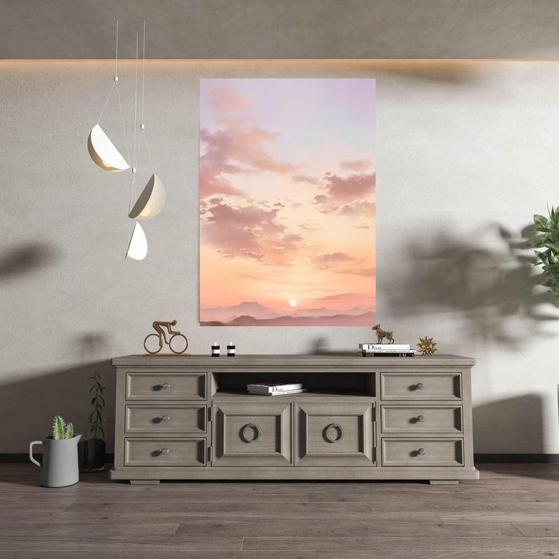 Pastellfärgad solnedgång på canvastavla – Minimalistisk mysig väggkonst, neutrala toner i landskapsväggdekoration bild 6
