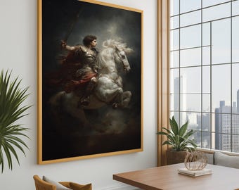 Op de afbeelding: Een ingelijst kunstwerk toont een persoon in harnas op een wit paard, met een zwaard omhoog. De persoon draagt een rode cape. Het kunstwerk zit in een gouden lijst en hangt aan een witte muur.