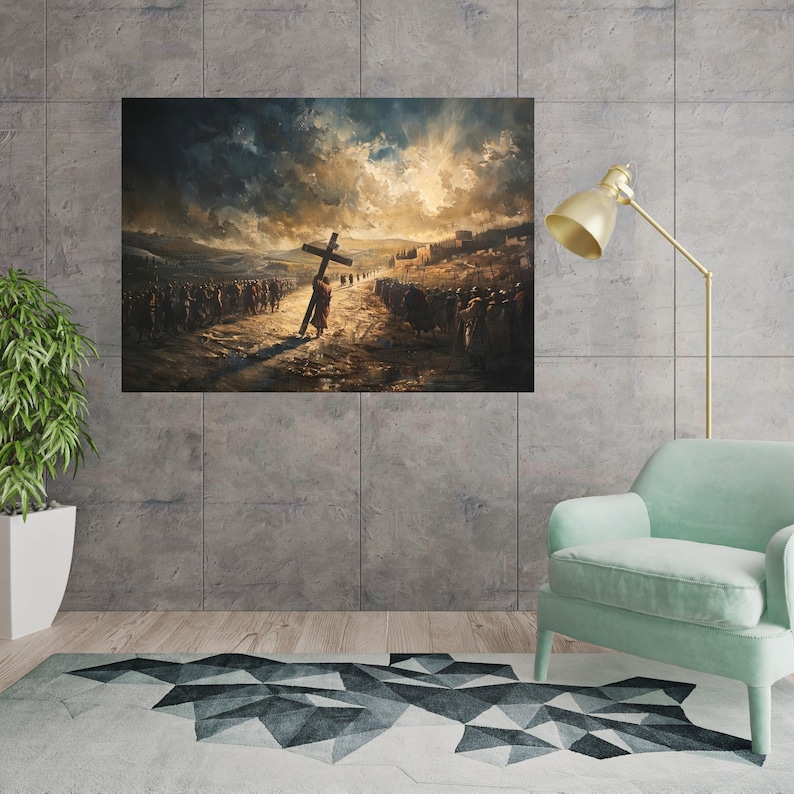 Jesus Carrying Cross Canvas, Biblical Wall Art, Religious Print Decor, Large Christian Canvas, Spiritual Home Decoration image 6