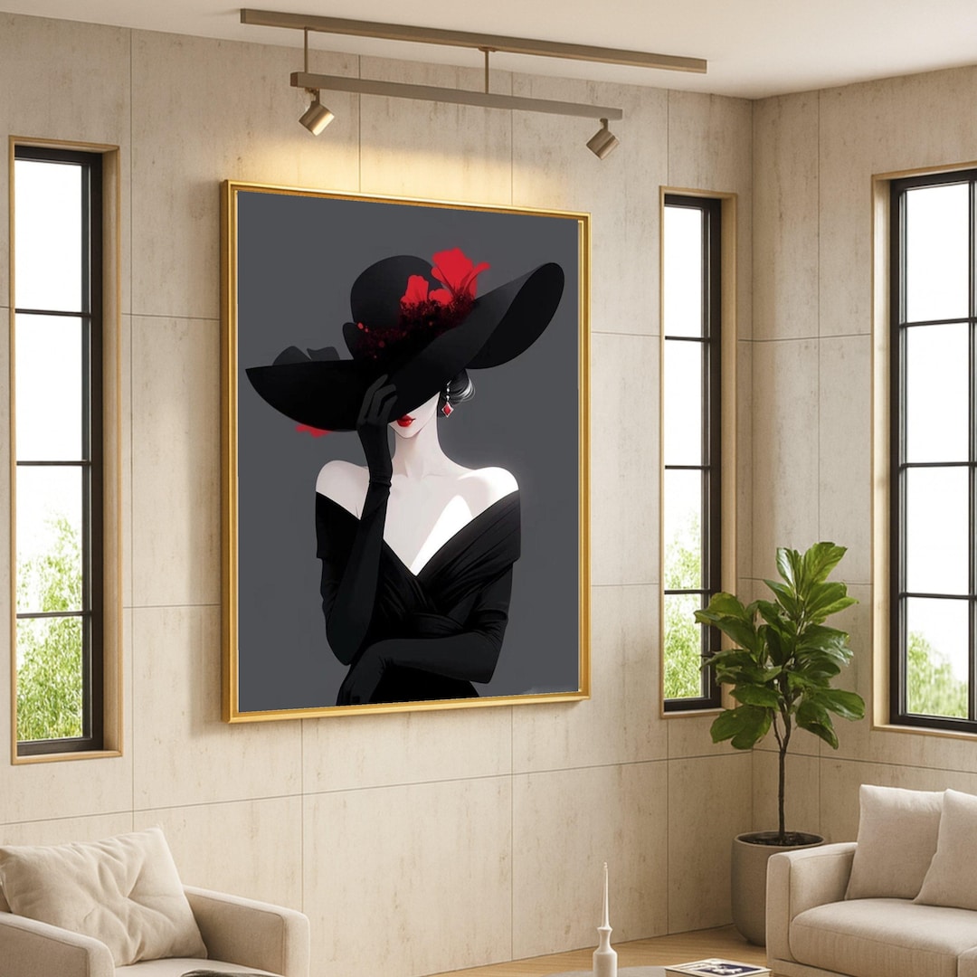 Elegant Woman in Black Hat Canvas, Red Floral Accent Wall Art, Fashion ...