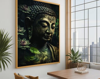Serene Buddha Statue Canvas, Meditation Zen Wall Art, Spiritual Lotus Decor, Tranquil Home Canvas, Greenery Sacred Artwork