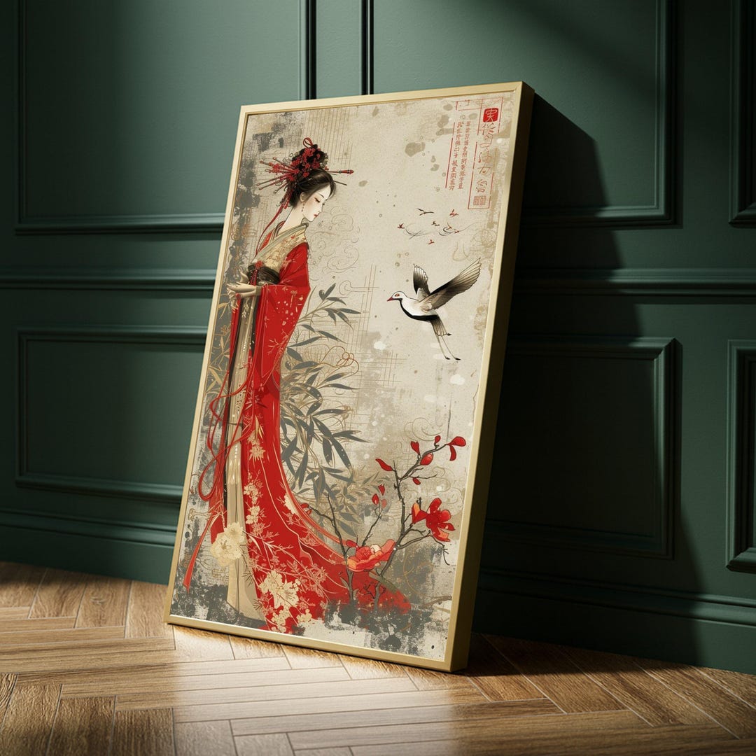 Oriental Woman Canvas Print – Elegant Asian Wall Art With Crane and Red ...
