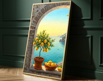 Impression sur toile citronnier méditerranéen - art mural cuisine côtière, décoration murale italienne avec vue sur la fenêtre, décoration murale fruits du soleil, prêt à accrocher