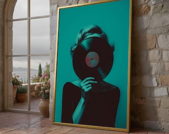 Vinyl Record Face Canvas Print – Retro Wall Art, Music Lover Wall Decor, Minimalist Pop Style, Bold Teal Tones, Ready to Hang